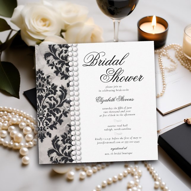 Invitación Lace Pearl Damask Black White Formdal Shower (lace and pearls bridal shower invitation black and white damask elegant formal modern classic)