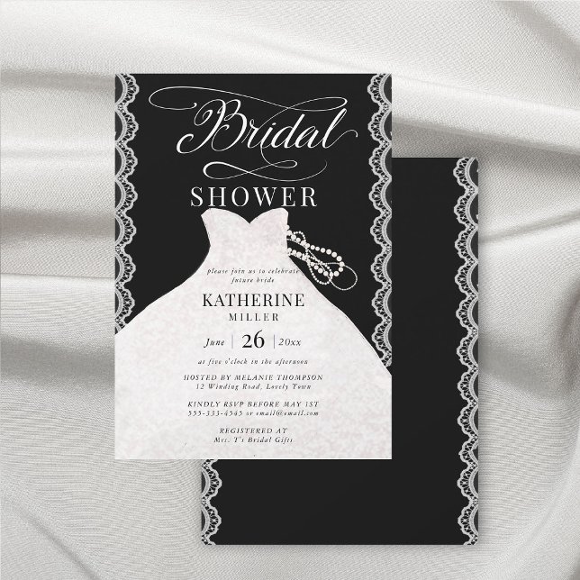Invitación Lace Pearls Bridal Vestido Negro Bridal Shower (lace and pearls bridal shower invitation black and white elegant romantic modern classy stylish)