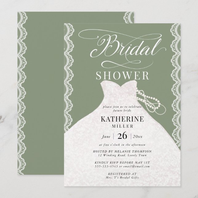 Invitación Lace Pearls Bridal Vestido Sage Green Bridal Showe (Anverso / Reverso)