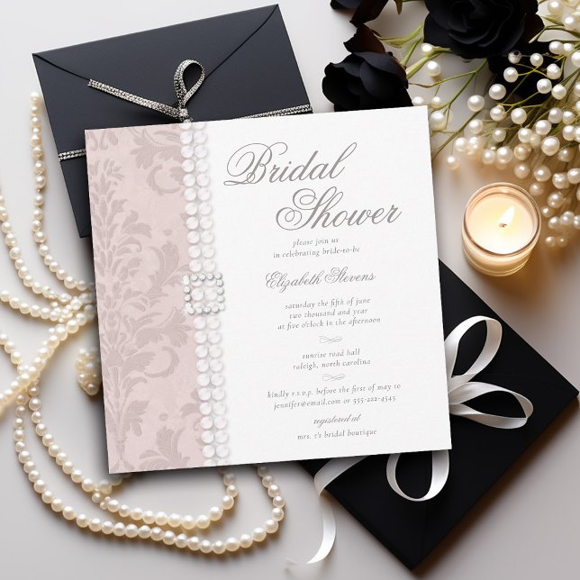 Invitación Lace Pearls Damask Moda rosa elegante ducha de nov (lace and pearls bridal shower invitation pink blush white black elegant formal modern classic)