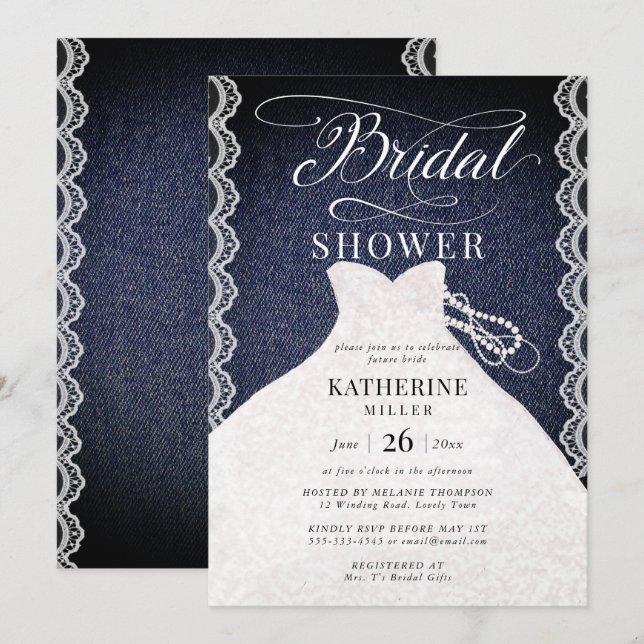 Invitación Lace Pearls Denim Bridal Vestido Moda Bridal Showe (Anverso / Reverso)