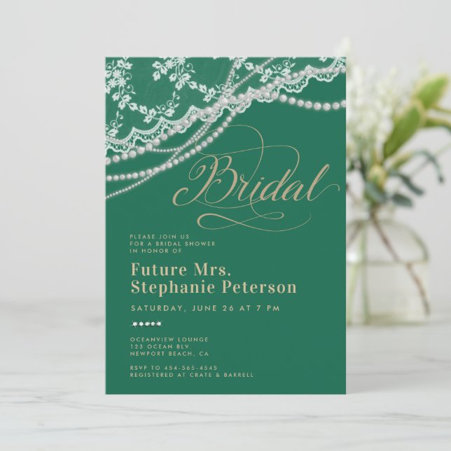 Invitación Lace Pearls Diamonds Emerald Gold Bridal Shower (Anverso de pie)