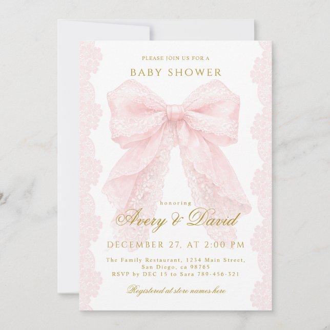 Invitación Lace Pink Bow Girl Baby Shower  (Anverso)