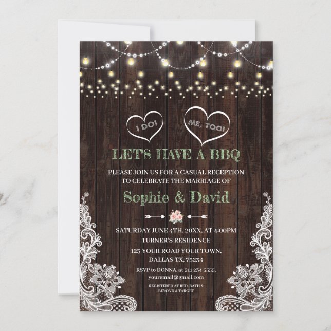 Invitación Lace Pink Rubor Floral String Lights Barn I DO BBQ (Anverso)