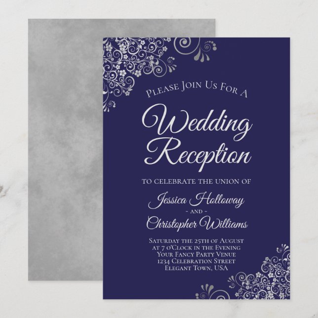 Invitación Lace plateado en la recepción de la boda azul de l (Anverso / Reverso)