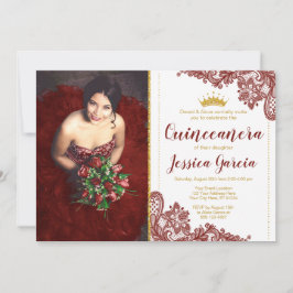Invitación Lace rojo oscuro y Purpurina princesa de oro Quinc