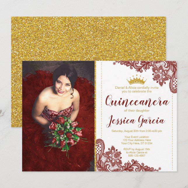 Invitación Lace rojo oscuro y Purpurina princesa de oro Quinc (Anverso / Reverso)