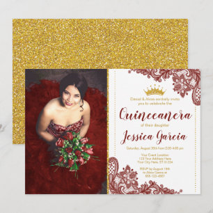 Invitación Lace rojo oscuro y Purpurina princesa de oro Quinc