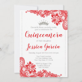 Invitación Lace Rojo y Purpurina Plata Princesa Quinceañera