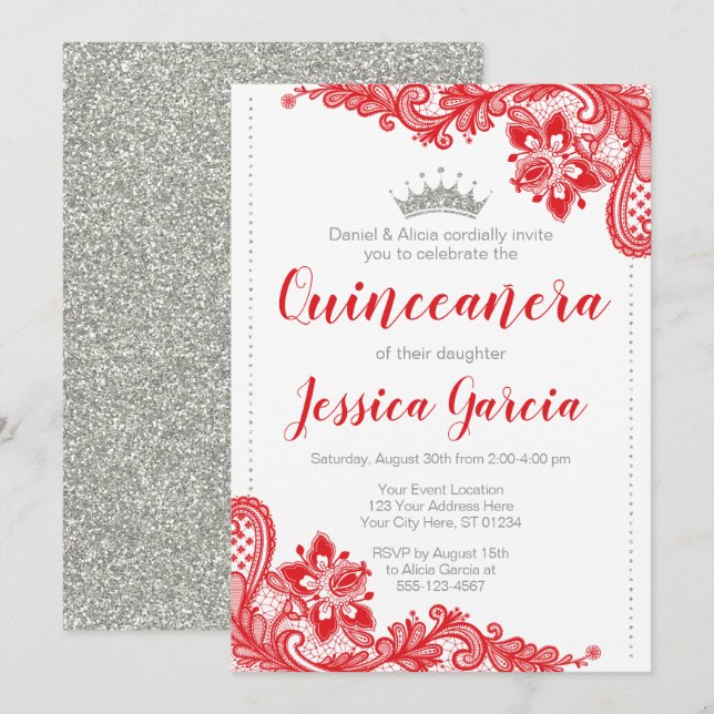 Invitación Lace Rojo y Purpurina Plata Princesa Quinceañera (Anverso / Reverso)