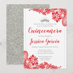 Invitación Lace Rojo y Purpurina Plata Princesa Quinceañera