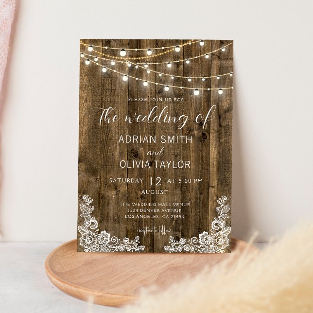 Invitación Lace & Rustic String Luces Boda de madera (Subido por el creador)