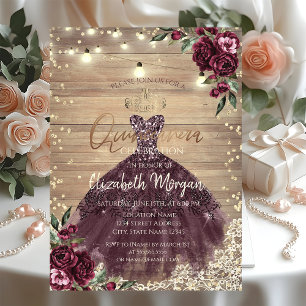 Invitación Lace rústica, luces, vestido, rosas Quinceañera de