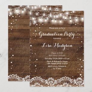 Invitación Lace String Lights Graduation Party Card Rustic