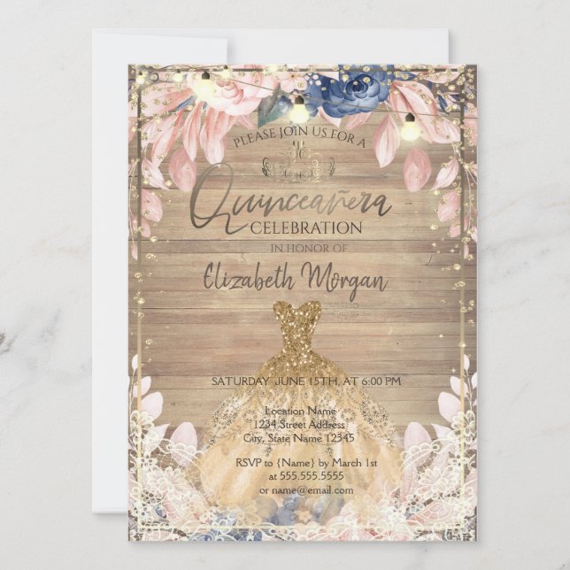 Invitación Lace, Tiara, Luces, Flores De Madera De Vestido Qu (Anverso)