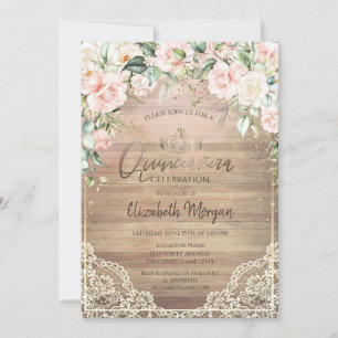 Invitación Lace, Tiara, Luces, Rosas Rosa De Madera Quinceañe