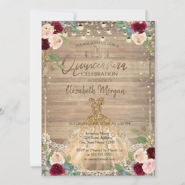 Invitación Lace, Tiara, Luces, Vestido, Rosa Madera Quinceañe (Anverso)