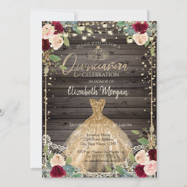 Invitación Lace, Tiara, Vestido, Rosas Madera Oscura Quinceañ (Anverso)