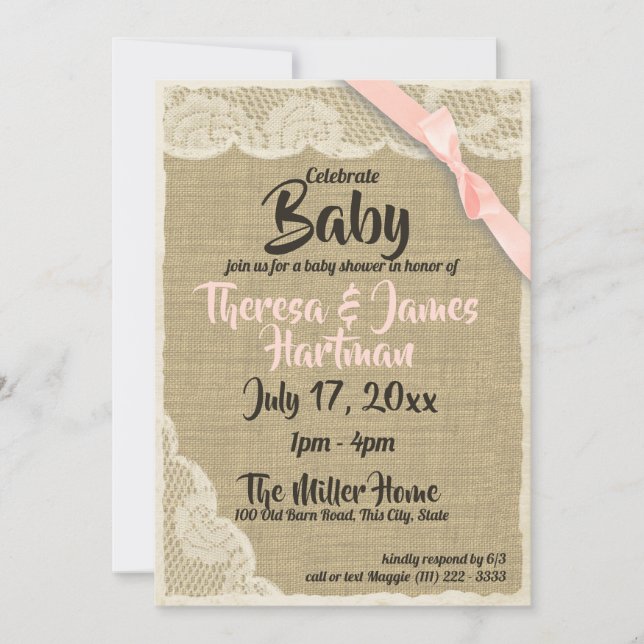 Invitación Lace y Burlap Baby Shower (Anverso)
