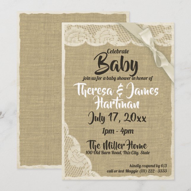 Invitación Lace y Burlap Baby Shower (Anverso / Reverso)