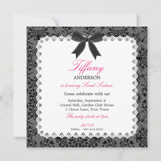 Invitación Lace y Damask con Black Bow Sweet 16 Cumpleaños (Anverso)
