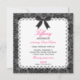 Invitación Lace y Damask con Black Bow Sweet 16 Cumpleaños