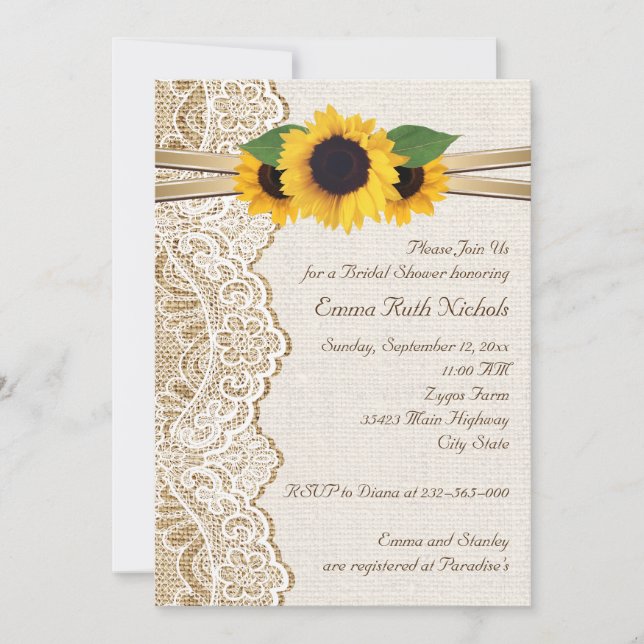 Invitación Lace y girasoles en la ducha de novia boda en burl (Anverso)