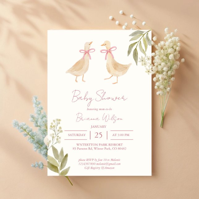 Invitación Lactancia rosa Goose rima la ducha de bebé (Pink Goose nursery rhymes twins baby shower Invitation cards template)
