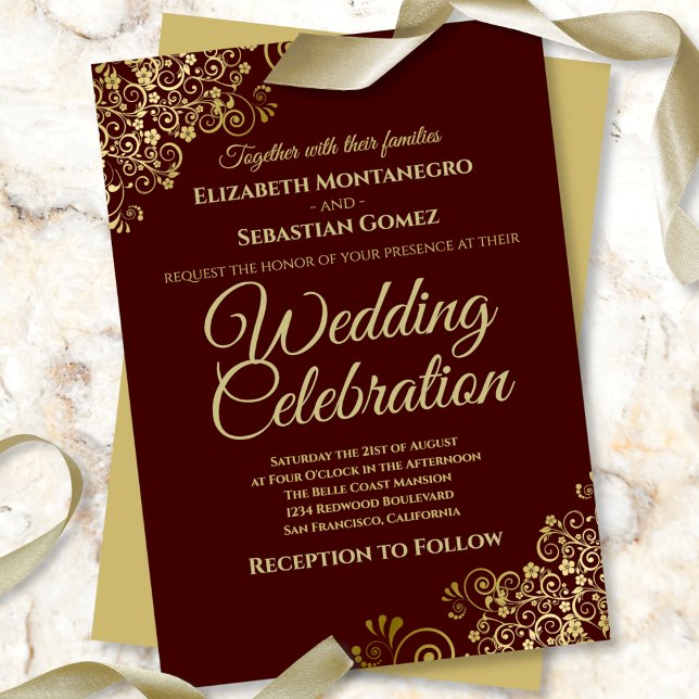Invitación Lacy Gold Auburn Brown Simple Elegante Boda (Subido por el creador)