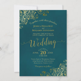 Invitación Lacy Gold Calligraphy Elegant Teal Wedding