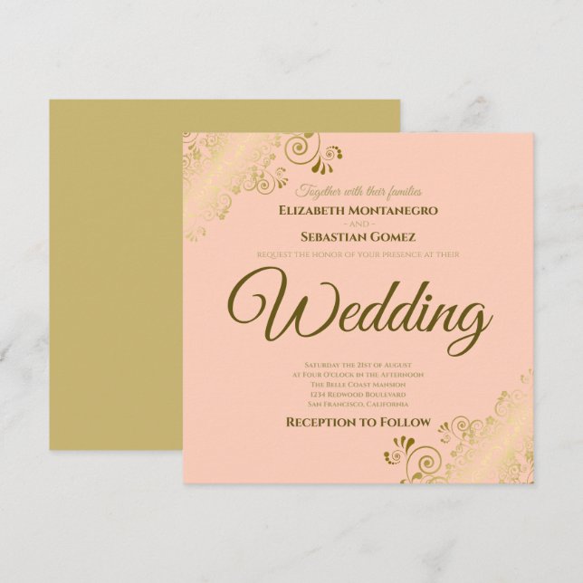 Invitación Lacy Gold en Coral Peach Elegante Boda cuadrado (Anverso / Reverso)