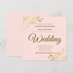 Invitación Lacy Gold en el Boda de Rubor Pink Elegant Square