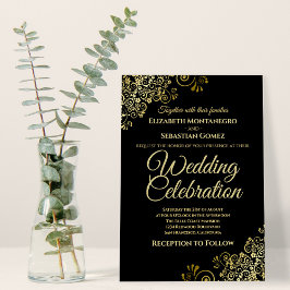 Invitación Lacy Gold Filigree on Black Simple Elegant Wedding