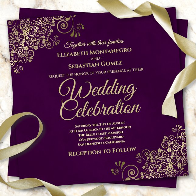 Invitación Lacy Gold Frills en Plum Purple Elegant Wedding (Subido por el creador)