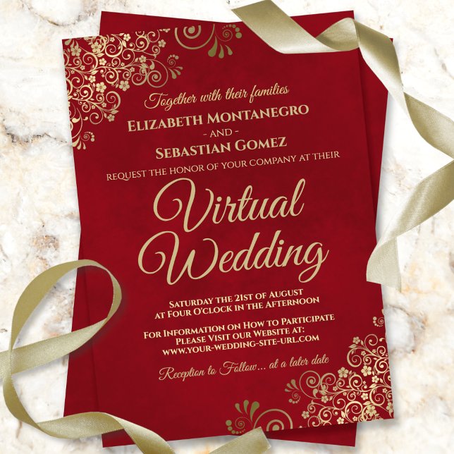 Invitación Lacy Gold Frills en Red Elegant Boda virtual (Subido por el creador)