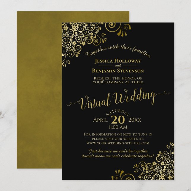 Invitación Lacy Gold Frills sobre el elegante Boda virtual ne (Anverso / Reverso)
