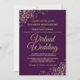 Invitación Lacy Gold Frills sobre un Boda virtual morado eleg
