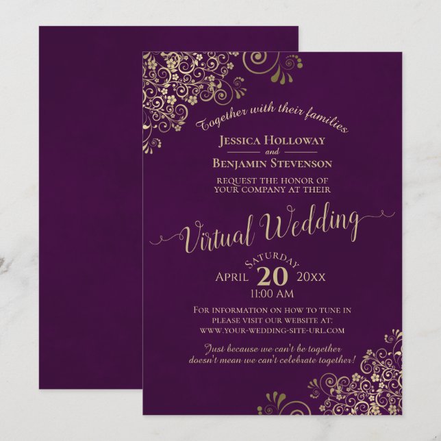 Invitación Lacy Gold Frits en Plum Purple Virtual Boda (Anverso / Reverso)