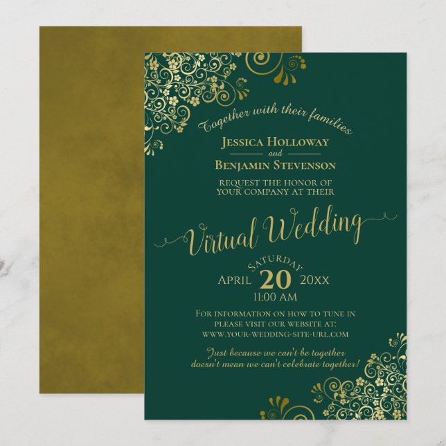 Invitación Lacy Gold milla al Boda virtual verde esmeralda (Anverso / Reverso)