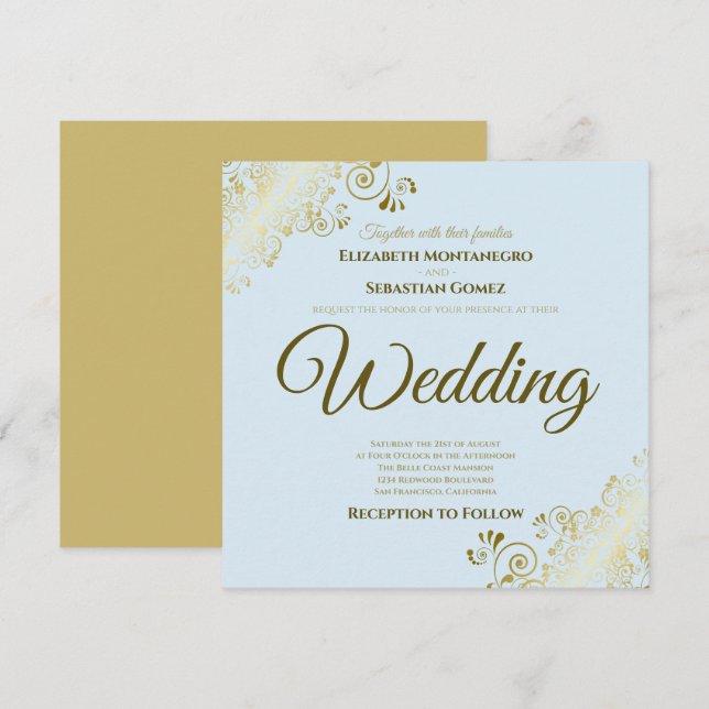 Invitación Lacy Gold sobre el Boda cuadrado elegante azul en  (Anverso / Reverso)