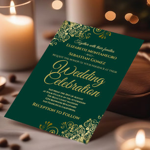Invitación Lacy Gold sobre una simple boda elegante y verde e