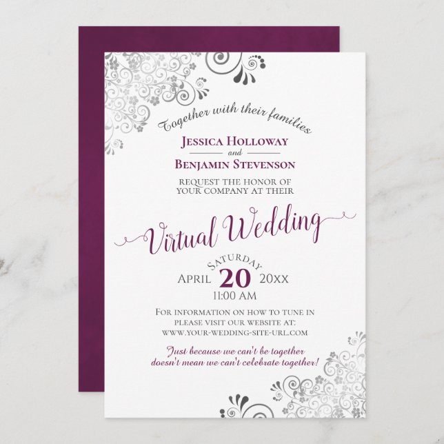 Invitación Lacy Silver Cassis Boda virtual morado y blanco (Anverso / Reverso)