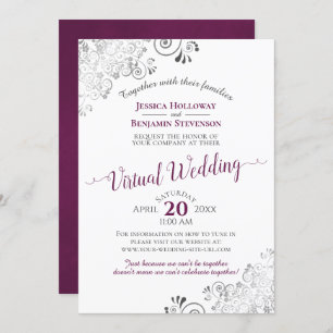 Invitación Lacy Silver Cassis Boda virtual morado y blanco
