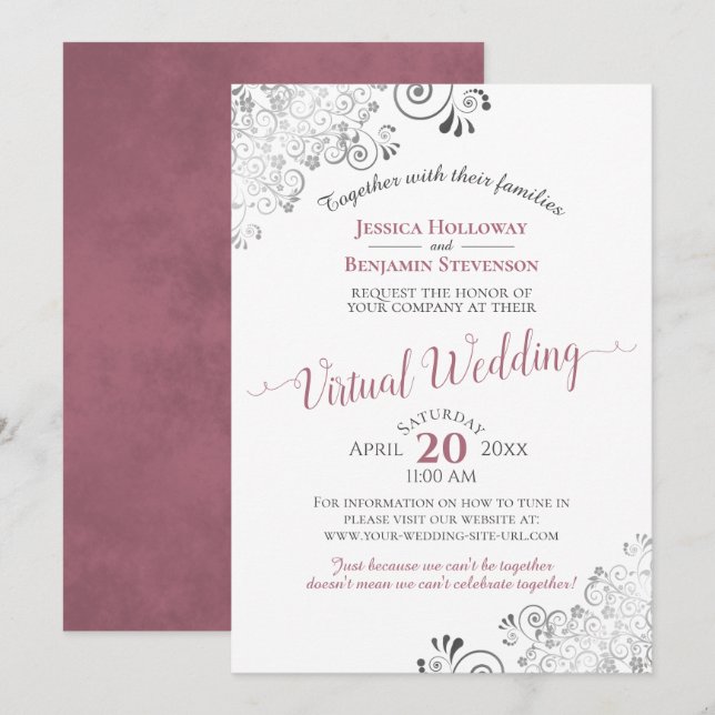 Invitación Lacy Silver Rosa y Boda virtual blanca (Anverso / Reverso)