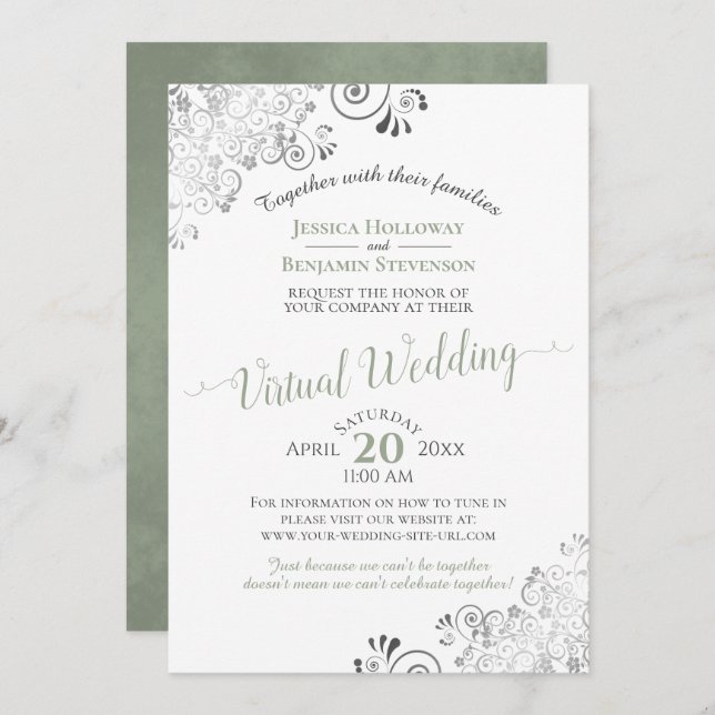 Invitación Lacy Silver Sage Boda virtual verde y blanco (Anverso / Reverso)