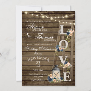Invitación Ladder y Luces Rústicas Boda de amor azul vintage