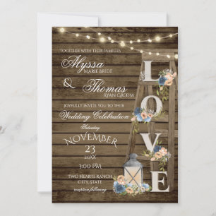 Invitación Ladder y Luces Rústicas Boda de amor azul vintage