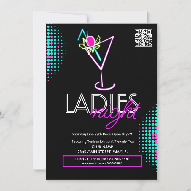 Invitación Ladies Night Club Cocktail Neon Flyer (Anverso)