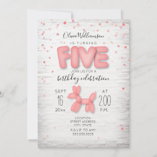 Invitación Ladrillo animal globo Confetti Pink 5º cumpleaños