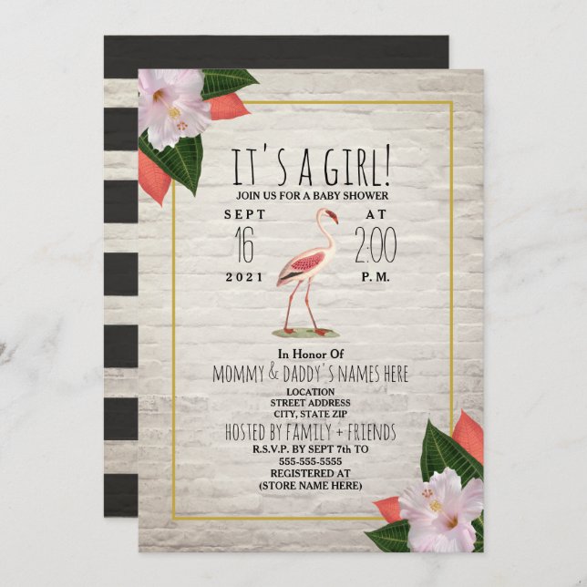 Invitación Ladrillo blanco Flamingo Tropical Boho Baby Shower (Anverso / Reverso)